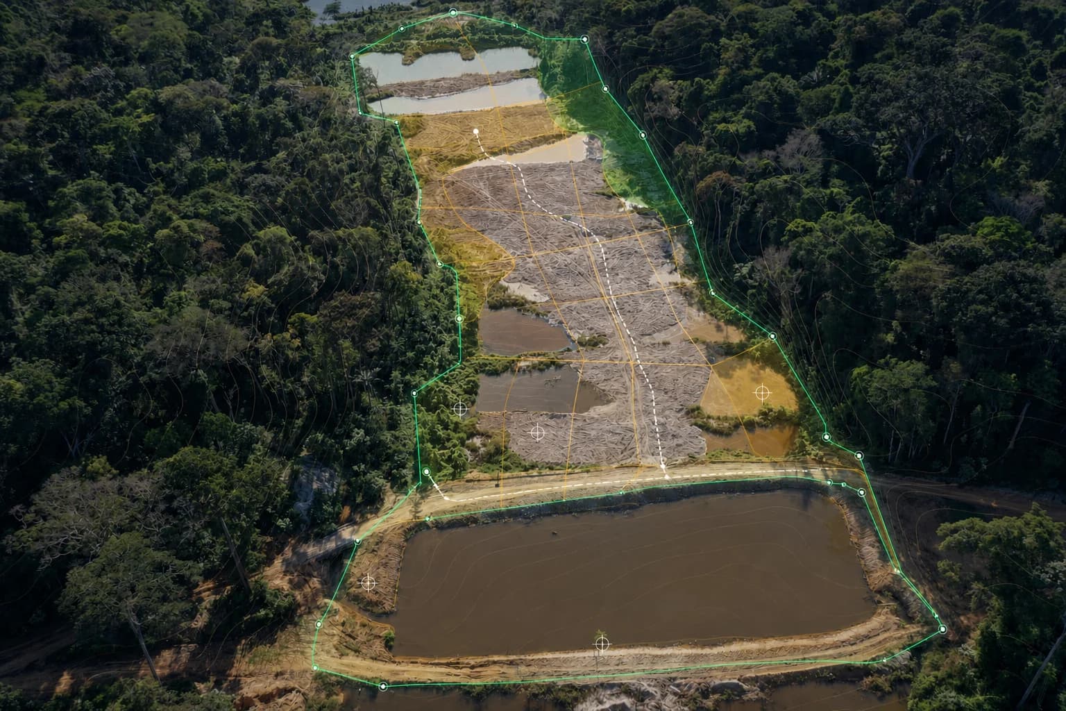 Vista aérea de área de garimpo com perímetro de PLG, quadrículas de levantamento e curvas topográficas
